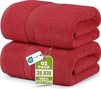 Luxurious Jumbo Bath Sheet 2 Piece, 600 GSM, 35 by 70 Inches, 100% Ring Spun Cotton, Highly Absorbent and Quick Dry Extra Large Bath Towel, Super Soft Towel, Red
