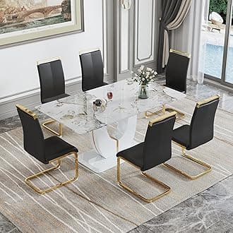 Dining Table Set for 6, Kitchen Table Chairs Set of 6, Modern Dining Room Set 71'' Faux Marble Dinner Table PU Leather Upholstered Chairs for Kitchen (Black-Golden, 71” Dining Set)