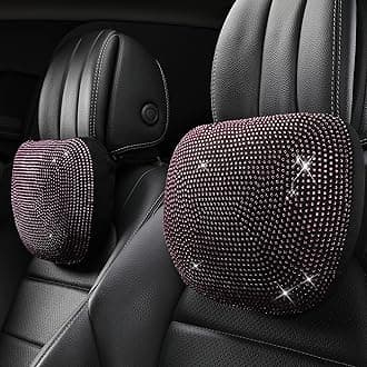 Bling Car Neck Pillow Rhinestones Crystal headrest Pillows,car Accessories for Women,Refreshing Cool,Decorative,Fillable,Adjustable(Ice Pink Rhinestone&Black Base,Neck Pillow 2pcs)