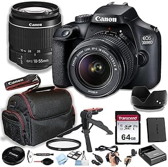 Canon 3000D(EOS Rebel T100) DSLR Camera w/EF-S 18-55mm F/3.5-5.6 Zoom Lens + 64GB Memory Card, Case, Hood, Grip-Pod, Filter, Professional Photo Bundle(23pc), CANON EOS 3000D (Renewed)