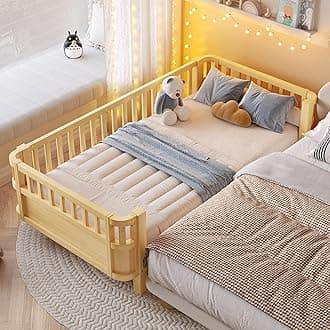 Bellemave Twin Size Montessori Bed with Fence and Slats, Twin Size Low Platform Bed Frame with Detachable Side Bed Rails and Rounded Corner Design, Easy Assemble Montessori Bed Natural