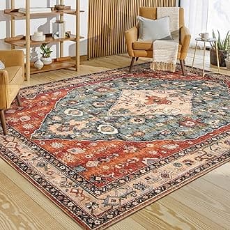 Boho Tribal 8x10 Area Rugs for Living Room, 8 x 10 Washable Rug for Bedroom Aesthetic, Large Oriental Vintage Soft Dining Room Carpet for Under Table Playroom (Rust/Dull Teal,8x10ft)