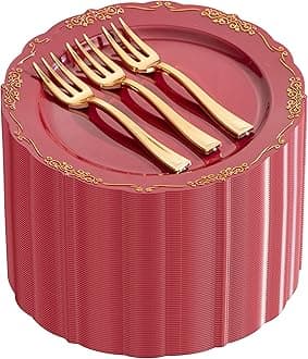 LIYH 100 Pcs Burgundy Gold Plastic Dessert Plates with 100 Pcs Gold Dessert Forks, Disposable Red Salad Plates Includes 100 Appetizer Plate 7.5"and 100 Golden Cake Forks 5 "