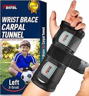 FEATOL Wrist Brace for Sprained Wrist, Wrist Support Brace Sleeping with Metal Splints Left Hand, X/Small for Kids Women and Men, Adjustable Hand Support for Tendonitis, Arthritis, Injuries