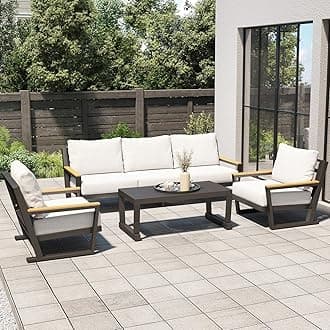 Aluminum Outdoor Sofa,4 Seats Modern Patio Furniture Set,Sectional Sofa Conversation Set with Coffee Table, Upgraded Washable Cushions for Garden Backyard,Grey