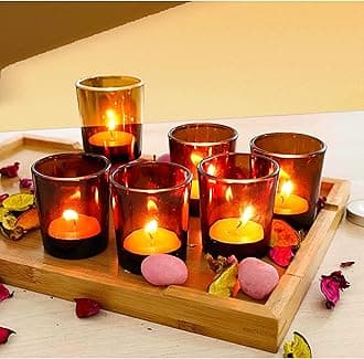 Pure Source India Set of 6 Glass Votive Tealight Candle Holders - Living Room Side Table Home Decoration (Glass, Pack of 6, Amber)