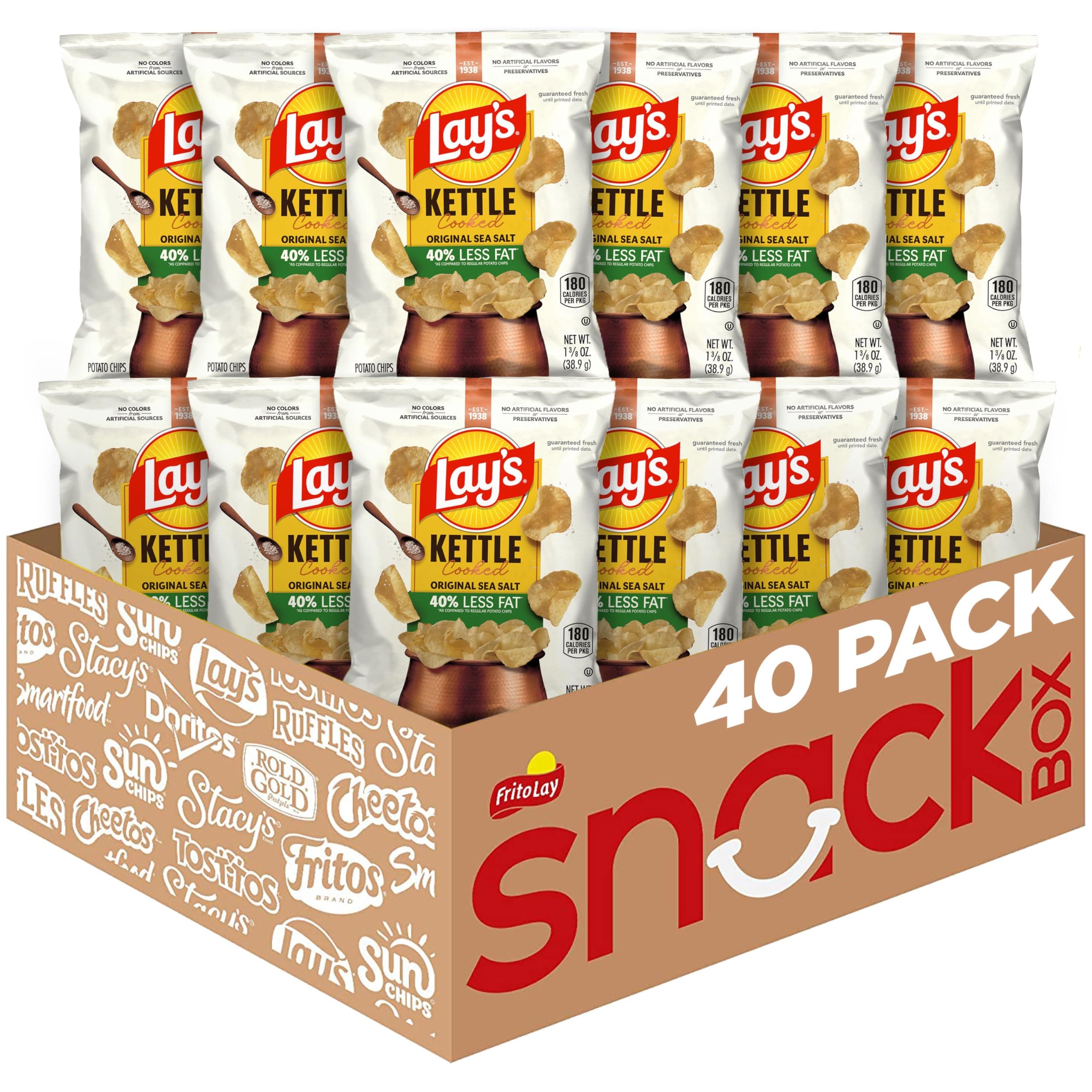 Lay's Kettle Cooked Potato Chips, 40% Less Fat Original, 1.375 Ounce (Pack of 64)