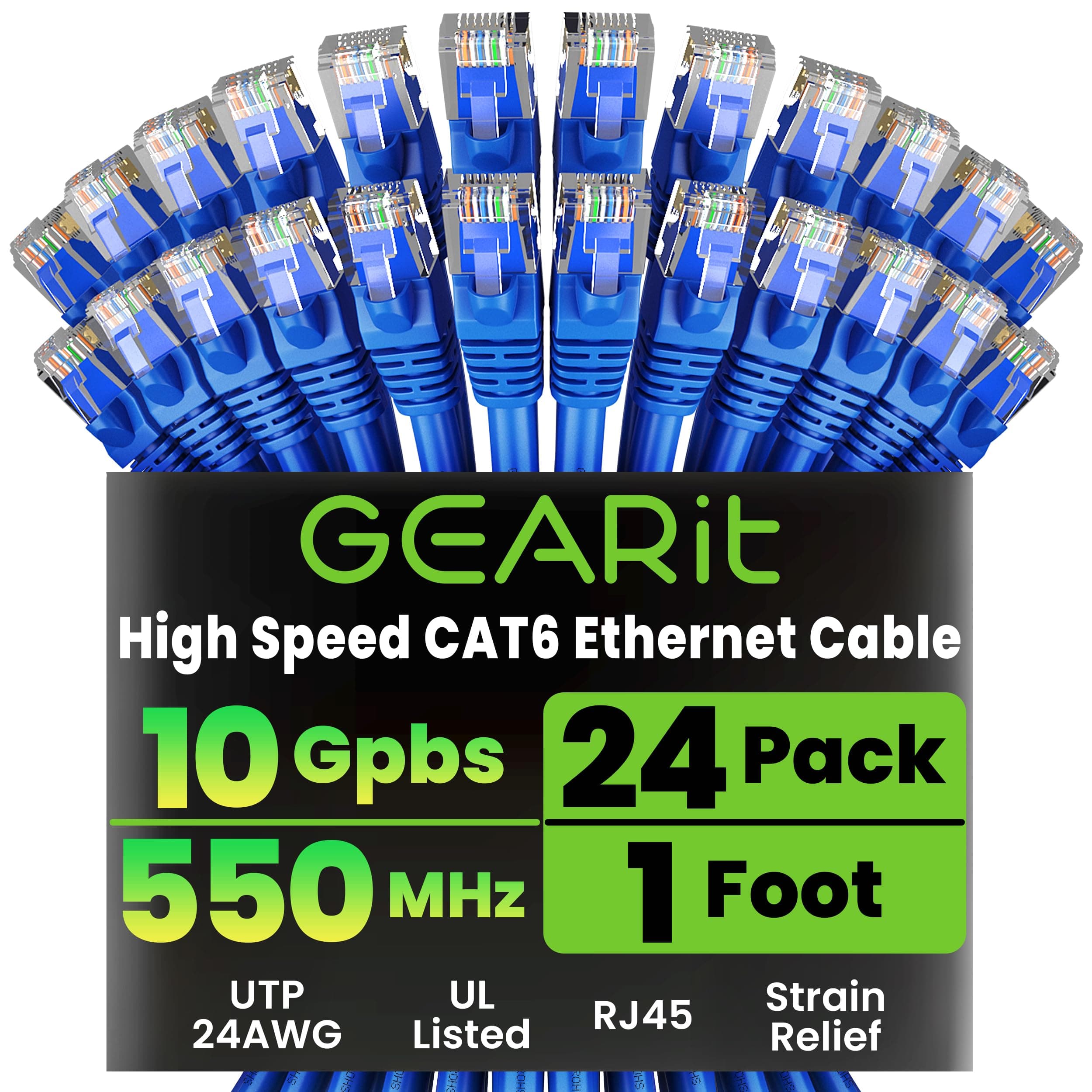 Cat 6 Ethernet Cable 1 ft (24-Pack Cat6 Ethernet Patch Cables 1ft) Blue, Cat 6 High Speed 24AWG 10Gbps RJ45 Snagless Gold-Plated, Cat 6 Ethernet Cable for Router, Switch, PC, PS5 Gaming, Server