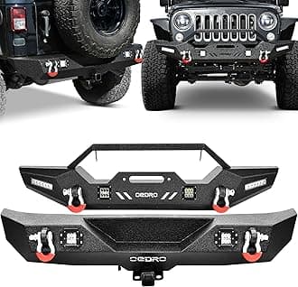 OEDRO Front and Rear Bumper Fit for 2007–2018 Jeep Wrangler JK JKU Unlimited (2/4 Door), Rock Crawler Bumper w/Fog Light Housing, 2 LED Lights, 2" Hitch Receiver, D-Rings, Paintable Armor, Black
