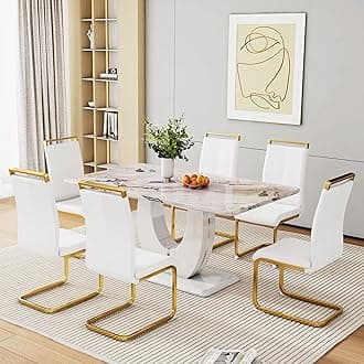 Dining Table Set for 6, Kitchen Table Chairs Set of 6, Modern Dining Room Set with 63'' Marble Dinner Table PU Leather Upholstered Chairs for Kitchen