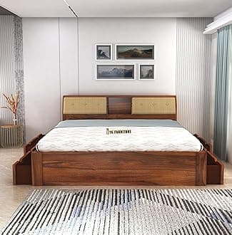 TG Furniture Sheesham Wood Queen Size Bed with Pullout Storage | Wooden Double Bed with 4 Drawer Storage for Bedroom & Hotel | Platform Cot Bed Palang | 78 * 60 Inch, Natural Finish