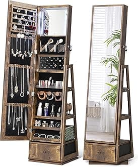 Nicetree 360° Swivel Jewelry Cabinet with Lights, Touch Screen Vanity Mirror, Rotatable Full Length Mirror with Jewelry Storage, Standing Jewelry Armoire Organizer, Christmas Gifts, Rustic Brown