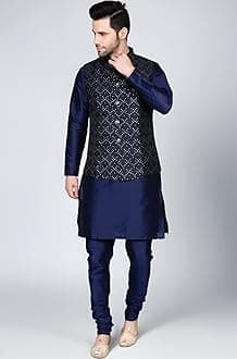 Ethluxis® Men's Silk Blend Kurta Churidar Pyjama with Ethnic Bundi Jacket Set
