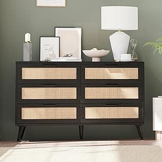 Rovaurx 6 Drawer Double Dresser for Bedroom, Rattan Chest of Dressers, Modern Wooden Dresser Chest with Golden Handles, Beside Table for Closet, Living Room and Entryway, Black and Natural