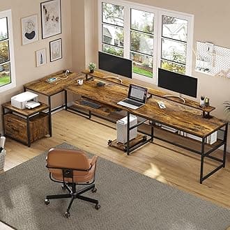 U Shaped Desk, Reversible L Shaped Home Office Desk with File Drawer & Power Outlet, 101.5'' Computer Desk with Monitor Shelf, Keyboard Tray, Printer Storage Shelves, Gaming Desk, Rustic Brown