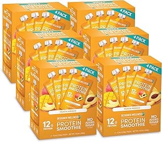 Designer Wellness Protein Smoothie, Real Fruit, 12g Protein, Low Carb, Zero Added Sugar, Gluten-Free, Non-GMO, No Artificial Colors or Flavors, Peach Mango, 24 Count