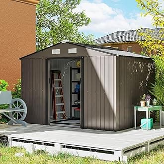 9' x 6' Outdoor Storage Shed, Garden Tool Metal Shed with Foundation Kit, Double Lockable Door, Air Vents and Sloping Roof, for Backyard, Patio, Lawn, Brown