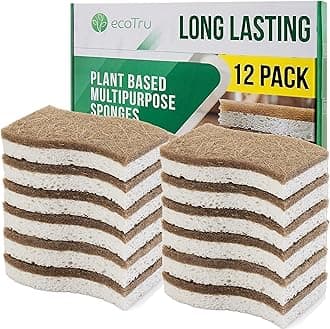 12 Pack Natural Kitchen Sponges, Compostable White Cellulose & Organic Coconut Scrubber Sponge for Washing Dishes, Kind Eco Friendly Non-Scratch & Biodegradable Dish Sponges