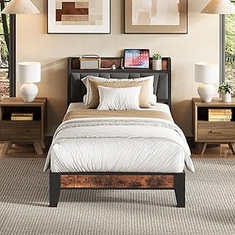 LIKIMIO Twin Bed Frames, Storage Headboard with Charging Station, Solid and Stable, Noise Free, No Box Spring Needed, Easy Assembly