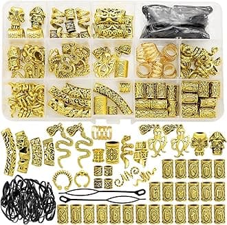 207 Pcs Viking Hair Clips Beads Nordic Runes Tube Beard Bead Braided Clips Hair Charms,Locs Rings Jewelry Hair Dreadlock Accessories Kit for Men Women Vintage Golden