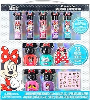 – Minnie Mouse Cosmetic Makeup Set for Girls 3+ with Lip Gloss Nail Polish Nail Stickers - 11 Pcs for Parties Sleepovers Makeovers Birthday Gift