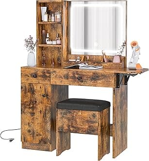 Vanity Desk with LED Lighted Mirror & Power Outlet, Makeup Table with Drawers & Cabinet,Storage Stool,for Bedroom, Vintage Brown