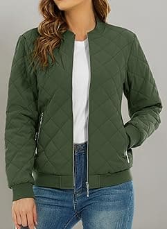Women's Diamond Quilted Jackets Full Zip Winter Bomber Jacket Padded Coats Casual Warm Jacket with Pockets