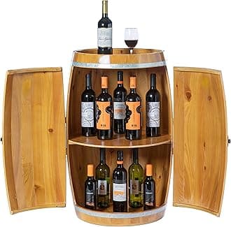 VintiquewiseWooden Barrel Shaped Wine Holder, Bar Lockable Storage Cabinet, Wood, Brown