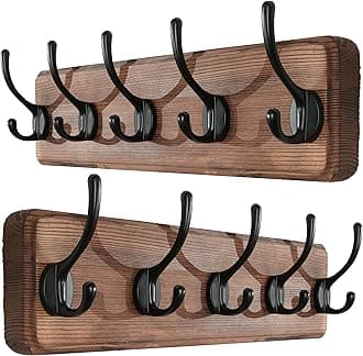 SKOLOO Rustic Wall Mounted Coat Rack, Case of 2, Pine Solid Wood Coat Hook Hanger - 5 Hooks for Hanging Clothes Robes Towels Coats