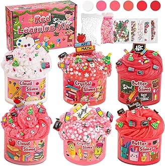 LAWOHO 6 Packs Red Slime Kit - Cloud, Butter & Clear Slimes with Classroom Add-ins, Crunchy Slime for Kids Party Favors for Girls and Boys, 360ml Slime Kits Birthday Halloween Christmas Easter Gifts