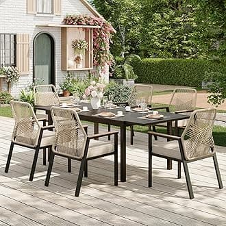 7 Pieces Outdoor Dining Set for 6, Patio Dining Set Wicker Rattan Chairs with Soft Cushion and Extendable Rectangular Table, Wicker Patio Table and Chairs for Backyard Porch