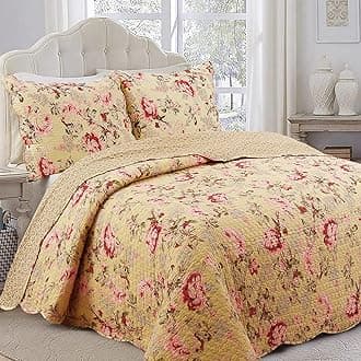 Cozy Line Home Fashions Lelia Vivid Quilt Bedding Set, Pink Rose Blooming County Floral Flower Printed 100% Cotton Reversible Coverlet Bedspread Gifts for Women (Rose Vivid, King - 3 Piece)