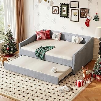 FAVSH Full Size Upholstered Daybed with Trundle,Tufted Day Bed w/Button on Ba...
