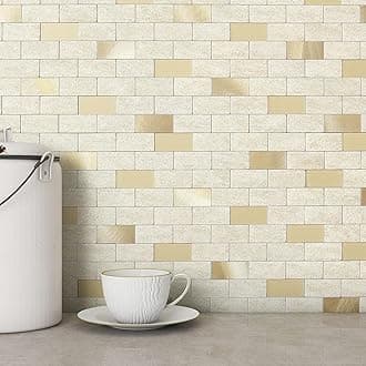 VAOVI 3D Self Adhesive Tiles for Walls,Kitchen Stick on Splashback Tiles Splash Wall Panels for Bathroom Mosaic Brick Waterproof(5Tiles,Beige Gold)