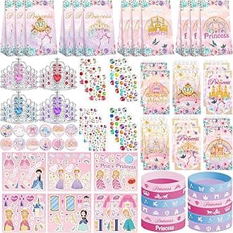Princess Party Favors, Including 12 Gift Bag, 12 Stickers, 12 Silicone Wristbands, 12 Badge, 12 Notebook, 12 Gem Stickers , 12 Crown Tiaras, for Girls Princess Birthday Party Decorations Supplies