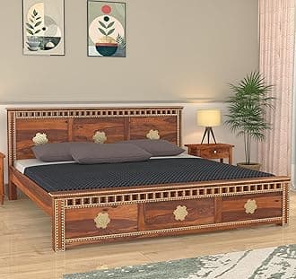 Wooden Queen Size Bed Without Storage | Kuber Design Double Bed Cot Bed with Brass Work for Bedroom & Hotel | Palang/Platform Bed | Sheesham Wood | Honey, Recommended Mattress Size: 78 X 60 X 6
