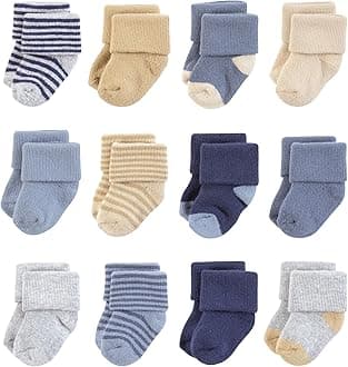 Hudson Baby Baby Infant Boy Cotton Rich Newborn and Terry Socks, Blue Brown Stripes, 0-6 Months