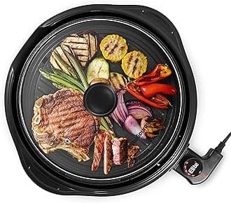 EMG1100 11" Electric Indoor Nonstick Grill Dishwasher Safe, Cool Touch, Fast Heat Up Ideal Low-Fat Meals, Includes Tempered Glass Lid, Black