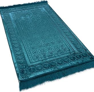 Modefa Velvet Islamic Prayer Rug with Prayer Beads Turkish Janamaz Sajadah Floral Stamp Luxury Plush (Turquoise)