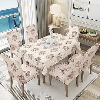 BRIDA® Polyester Spandex Stretchable Floral Geometric Printed Dining Chair Covers Elastic Chair Seat Case Protector, Slipcovers (‎4 Seater Table Cover + 4 Chair Cover, Damask Beige)