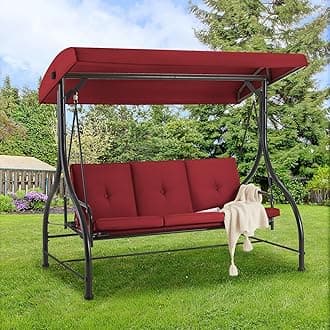 AECOJOY 3-Seat Outdoor Porch Swing with Adjustable Backrest and Canopy, Patio Swing w/Removable Cushions Outdoor Swing Bed for Porch, Backyard, Poolside, Burgundy