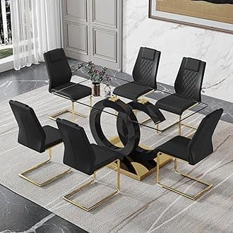 7 Piece Dining Table Set,Glass Dining Table Set for 6，Modern Dining Table and Faux Leather Padded Seats for Kitchens, Living Rooms, Bedrooms (Black＆Gold Table-Black Chair-6)