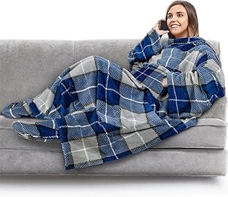 PAVILIA Fleece Blanket with Sleeves, Foot Pockets for Women Men Adults, Plush Wearable Blanket Throw Wrap, Warm Snuggle Blanket Robe, Cozy Gift Ideas Wife Mom, Plaid Navy Blue