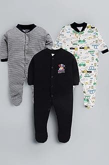 EIO 100% Cotton Baby Rompers Sleepsuits Jumpsuits Night Suits for Newborn Baby Boys & Girls | Soft Infant Bodysuit | Pack of 3 Kids Rompers