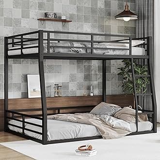 Full XL Over Queen Bunk Bed Frame with Noise Reduced Design, Heavy Buty Floor Bunk Bed Full XL Over Queen Bunk Beds with Build in Ladder for Adults, Teens(Black Floor Bunk Bed)