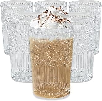Kate Aspen Vintage Textured Clear Striped Drinking Glasses Set of 6-13 oz Ribbed Glassware Set with Flower Design | Cocktail Set, Juice Glass, Water Cups