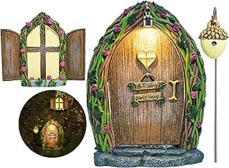Tree Poetry Opening Fairy Door and Window for with Light – Glow in The Dark Yard Art Sculpture Decoration for Kids Room, Wall and Outdoor | Miniature Fairy Garden Outdoor Decor Accessories
