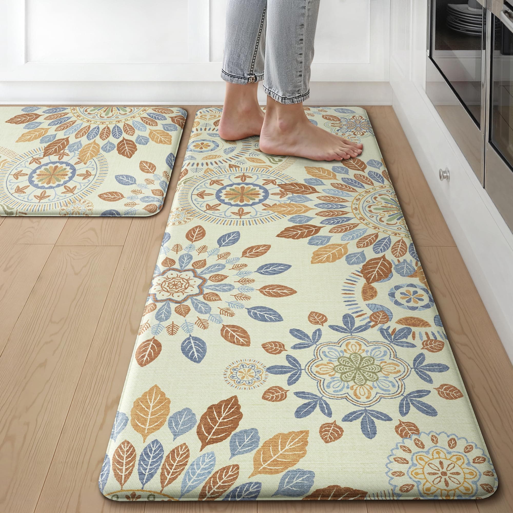 GENIMO Kitchen Mats for Floor 2PCS, Washable Cushioned Kitchen Rugs Non Slip, Farmhouse Anti Fatigue Mat Waterproof, Comfort Standing Mat Rug for Home, Laundry, Office, 17.3"x47"+17.3"x30", Beige&Blue