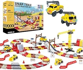 USA Toyz Snap Trax Construction Set Race Tracks for Kids and 2 LED Toy Cars- 251 Pk STEM Building Toys Bendable Race Car Track for Boys Girls, 3 Construction Trucks, Crane, Bridges, 2 Light-Up Trucks