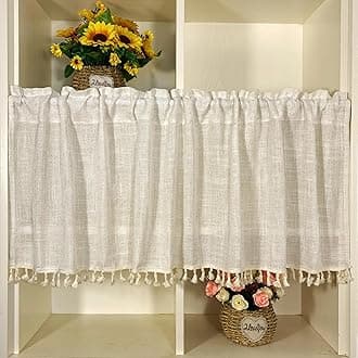 Boho Tassel Linen Curtain Valance for Kitchen Cabinet Farmhouse Semi Sheer Curtain Tiers for Room Divider Bathroom Rod Pocket Rustic Light Filtering Cafe Curtains for Home Decor 1 Panel W39 X L17 inch